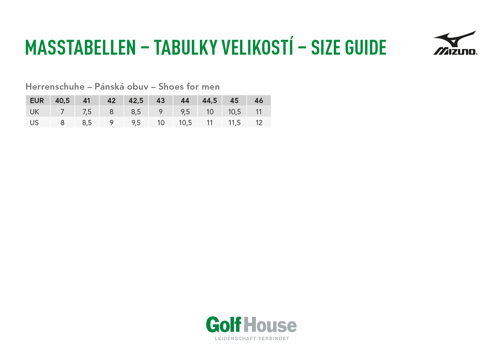 Mizuno shoes size chart – Golf House international