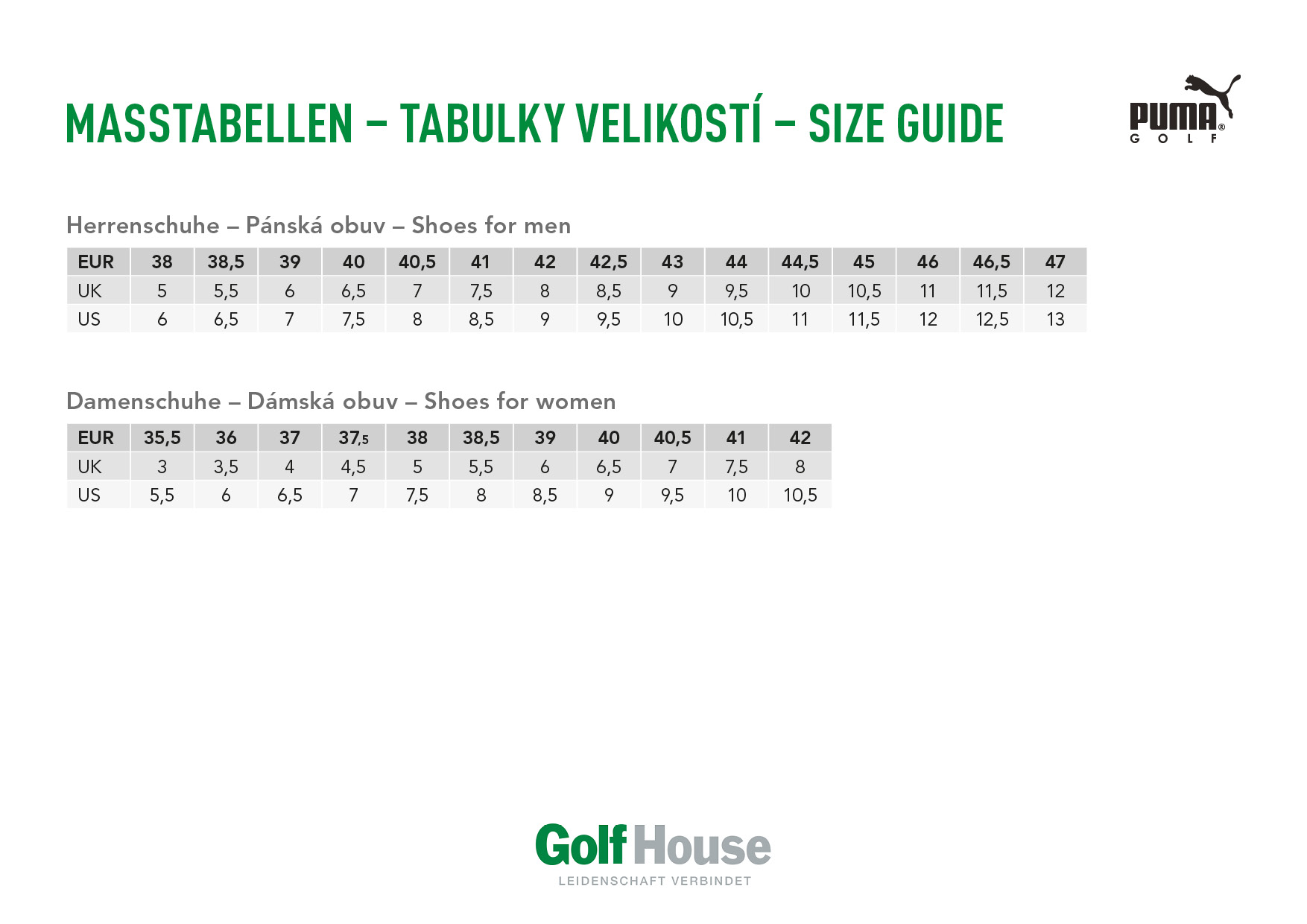 Shoes size chart Golf House