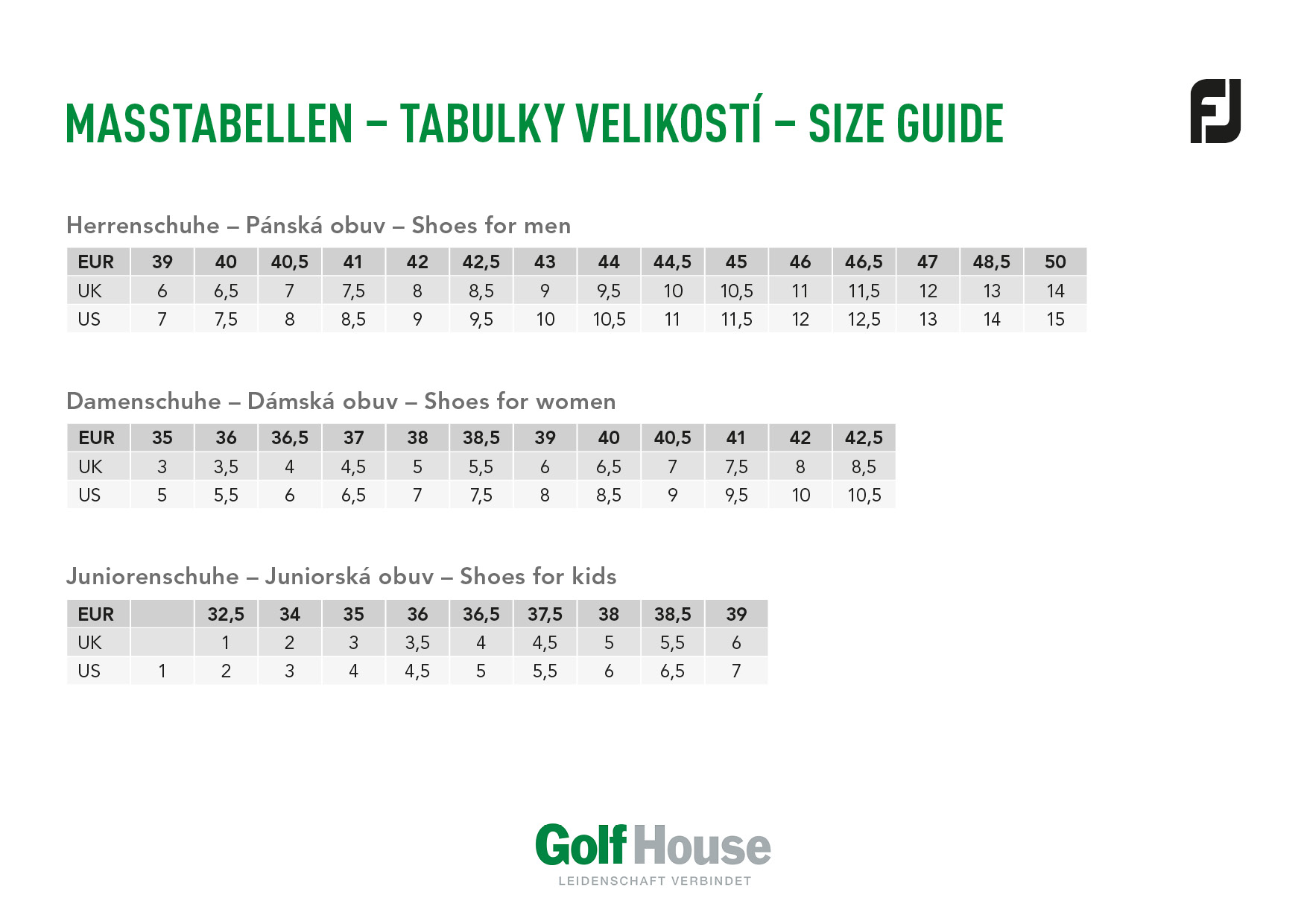 FootJoy Shoes Sizing Chart Golf House International