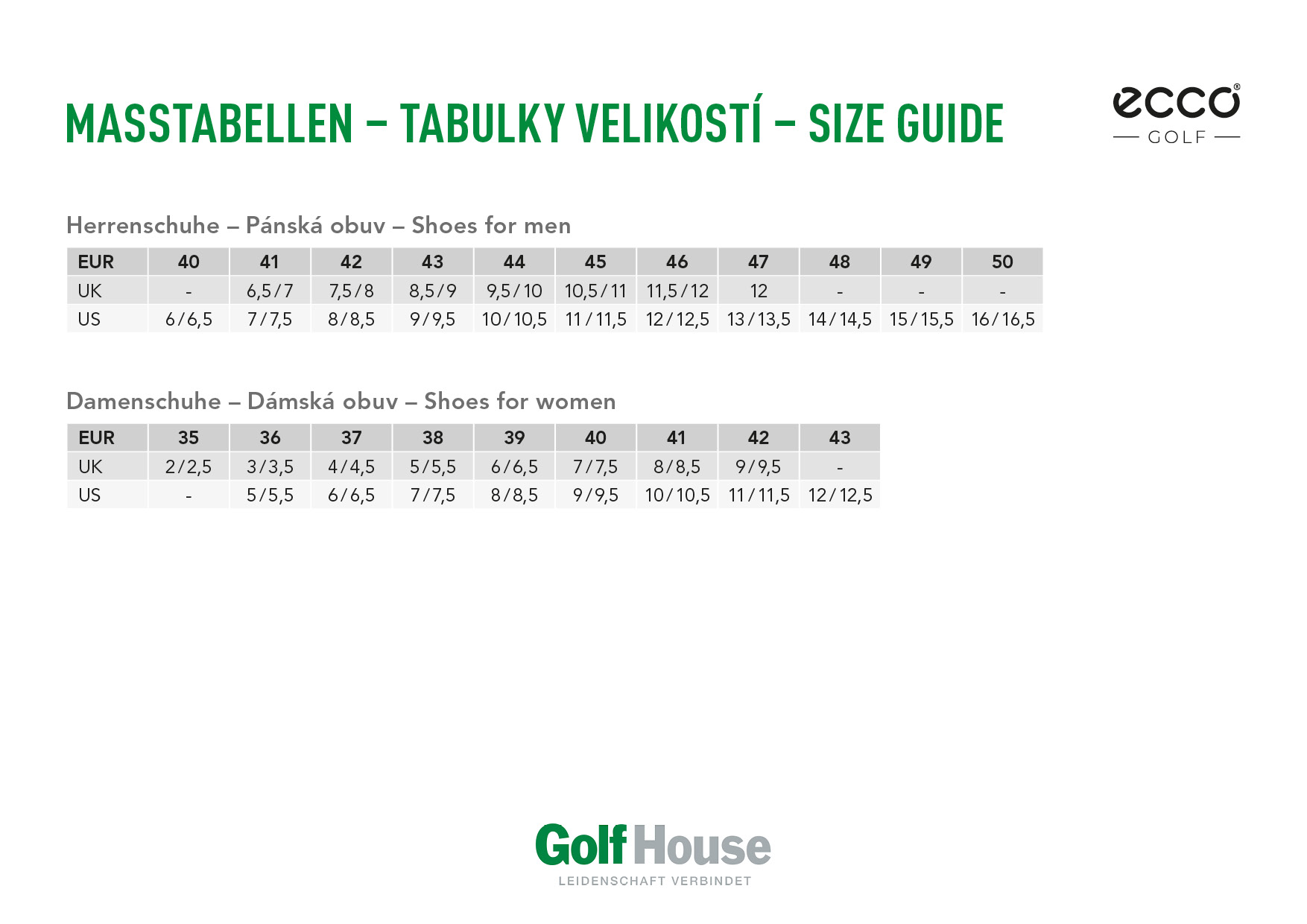 Ecco shoes size chart Golf House international